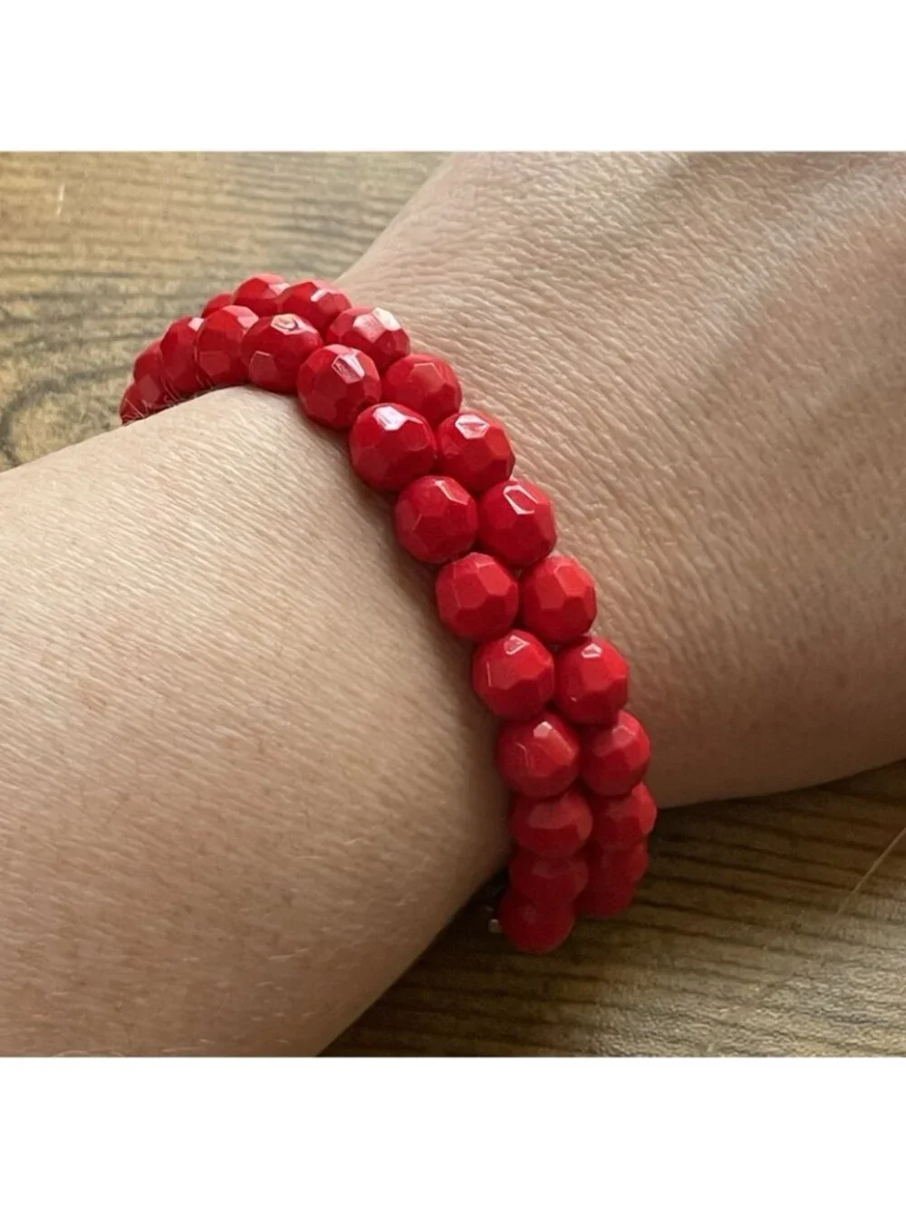 Vintage Red Beaded Double Strand Bracelet Faceted Glass Gold Tone Leaf Clasp